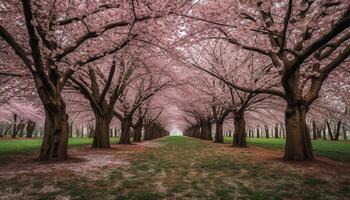 Pink cherry blossoms bloom on tree branches generated by AI photo