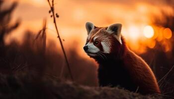 Fluffy red fox sitting in grass, looking cute generated by AI photo