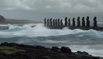 Moody sky over rough waters, crashing waves generated by AI photo