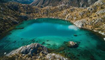 Majestic mountain peak, turquoise water, tranquil scene generated by AI photo