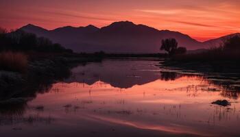 Majestic mountain peak reflects orange sunset on water generated by AI photo