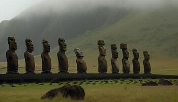 antiguo esculturas en pie en un fila majestuosamente generado por ai foto