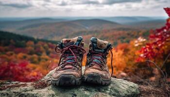 excursionismo bota en amarillo hoja, otoño aventuras generado por ai foto