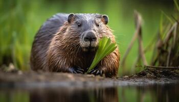 mojado castor comiendo nutria en estanque reflexión generado por ai foto