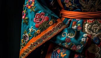 Ornate silk dress with intricate embroidery design generated by AI photo