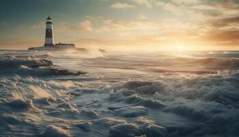 Tranquil seascape at dusk, waves crash on rocky coastline generated by AI photo