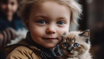 sonriente caucásico niñito participación juguetón gatito, abrazando infancia inocencia generado por ai foto