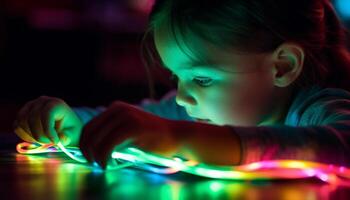 linda niñito jugando con Navidad luces, iluminado hogar interior generado por ai foto