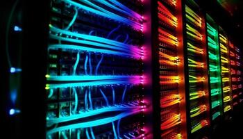 Futuristic computer equipment glows in a row, connected to network generated by AI photo