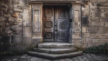 antiguo puerta de antiguo arruinado edificio, un histórico viaje destino generado por ai foto