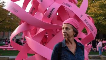 Smiling young adult in pink celebrates breast cancer awareness outdoors generated by AI photo