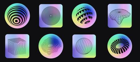 Holographic stickers collection. Hologram labels of different shapes. Sticker wireframe 3d shapes for design mockups. Holographic textured stickers for preview tags, labels. Vector illustration