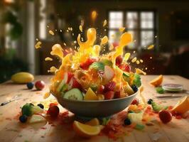 Vegetable salad and fruit on kitchen table. Generative AI photo