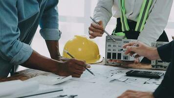 Architectural engineer team meeting Use of blueprints, construction drawings and calculations for architectural projects and engineering tools in the workplace technical structure concept. video