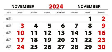 Wall calendar 2024 for november, week start from sunday. vector