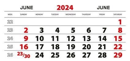 pared calendario 2024 para junio, semana comienzo desde domingo. vector