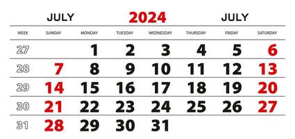 pared calendario 2024 para julio, semana comienzo desde domingo. vector