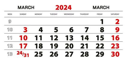 pared calendario 2024 para marzo, semana comienzo desde domingo. vector