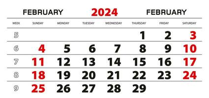 Wall calendar 2024 for february, week start from sunday. vector