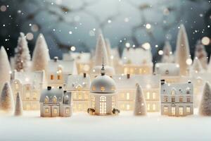 Nevado juguete casas con borroso guirnalda luces. generativo ai foto