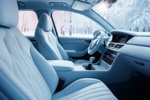 Frozen car interior. Driving in winter season. Generative AI photo