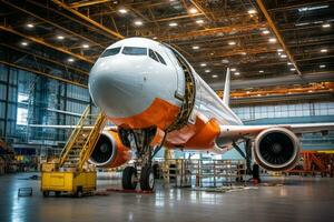 Airplane maintenance in hangar. Generative AI photo