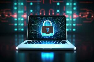 Laptop with digital padlock on screen. Generative AI photo