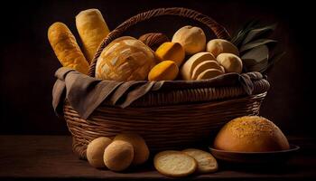 Freshly baked organic bread on rustic wooden table , photo