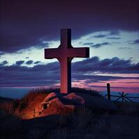 Cross silhouette symbolizes Christianity in tranquil landscape generated by AI photo