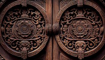 florido puerta con antiguo madera y metal acentos generado por ai foto