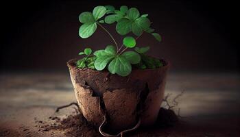 Fresh, small seedling growth in dirty clay pot generated by AI photo