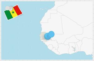 Map of Senegal with a pinned blue pin. Pinned flag of Senegal. vector