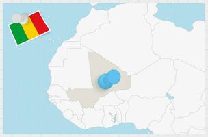 Map of Mali with a pinned blue pin. Pinned flag of Mali. vector