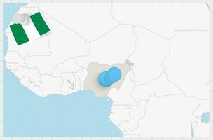 mapa de Nigeria con un clavado azul alfiler. clavado bandera de Nigeria. vector