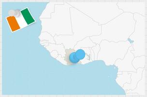 Map of Ivory Coast with a pinned blue pin. Pinned flag of Ivory Coast. vector