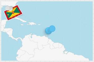 Map of Grenada with a pinned blue pin. Pinned flag of Grenada. vector