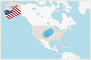 Map of USA with a pinned blue pin. Pinned flag of USA. vector