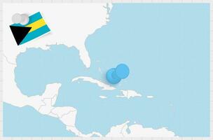 Map of The Bahamas with a pinned blue pin. Pinned flag of The Bahamas. vector