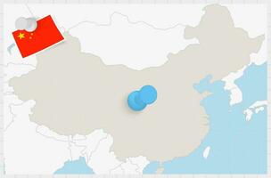 Map of China with a pinned blue pin. Pinned flag of China. vector