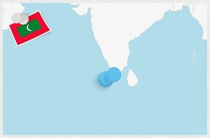 mapa de Maldivas con un clavado azul alfiler. clavado bandera de Maldivas. vector