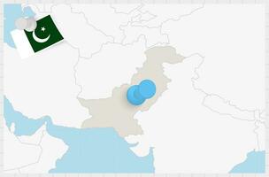 mapa de Pakistán con un clavado azul alfiler. clavado bandera de Pakistán. vector