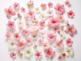 rosado y blanco Cereza florecer en un limpiar blanco antecedentes con hojas y pétalos dispersado alrededor él. generativo ai foto