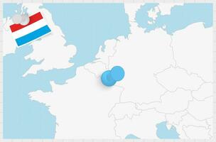 mapa de Luxemburgo con un clavado azul alfiler. clavado bandera de luxemburgo. vector