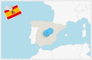 mapa de España con un clavado azul alfiler. clavado bandera de España. vector