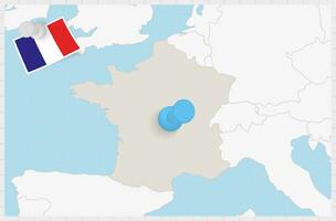 mapa de Francia con un clavado azul alfiler. clavado bandera de Francia. vector