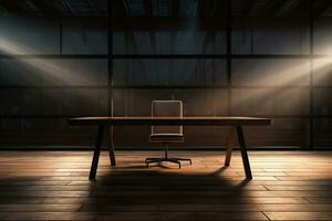 Wooden desk with chair in an empty room. Beautiful shadow on the wall. Remote work concept. Generated by artificial intelligence photo
