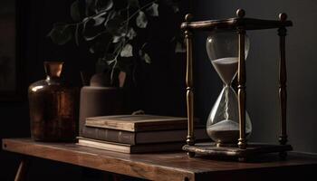 Antique hourglass on old table tells time generated by AI photo