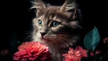 Fluffy kitten staring with playful, soft eyes generated by AI photo