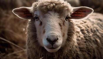 Cute woolly lamb grazing in green meadow generated by AI photo