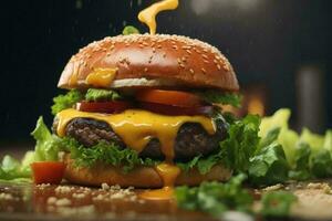 a close-up of a freshly-made hamburger. AI Generative photo